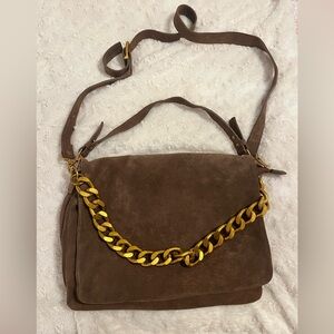Brown Suede Shoulder Bag with Gold Chain